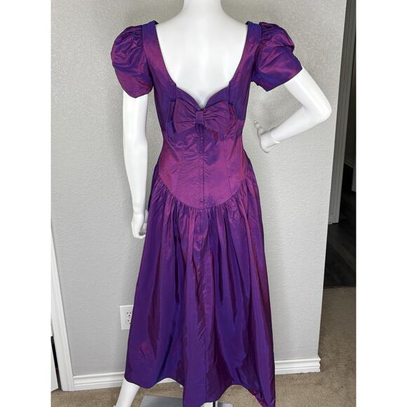 Vintage 80s Alfred Angelo Midi Dress Puff Slv Iridescent Purple Taffeta Prom S - Picture 6 of 12
